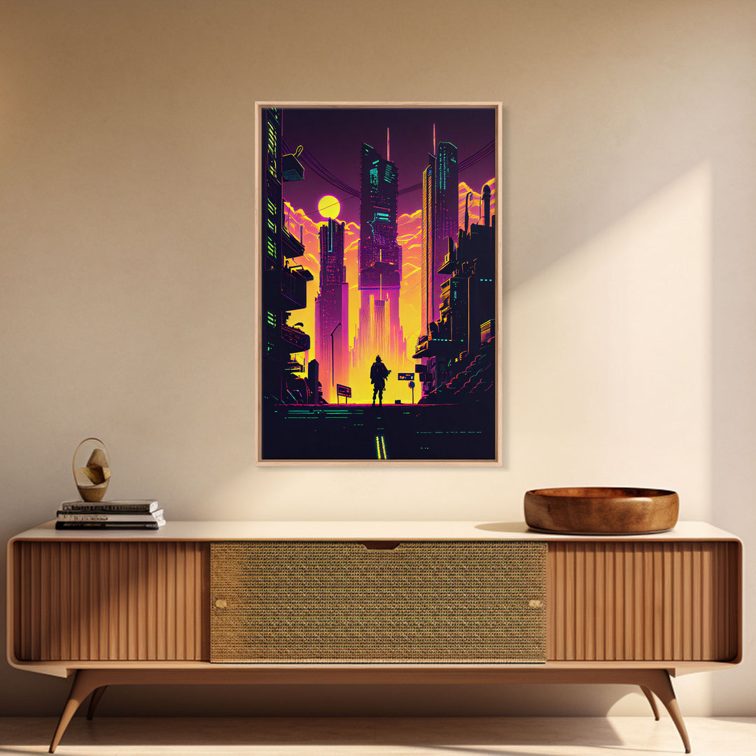 Cyberpunk art, Retrowave style dystopian cityscape art, game room art, framed canvas print, retro wave city skyline