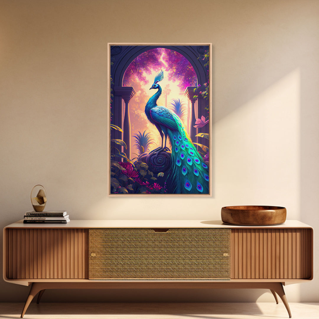 Turquoise peacock art, fantasy decor, framed canvas print