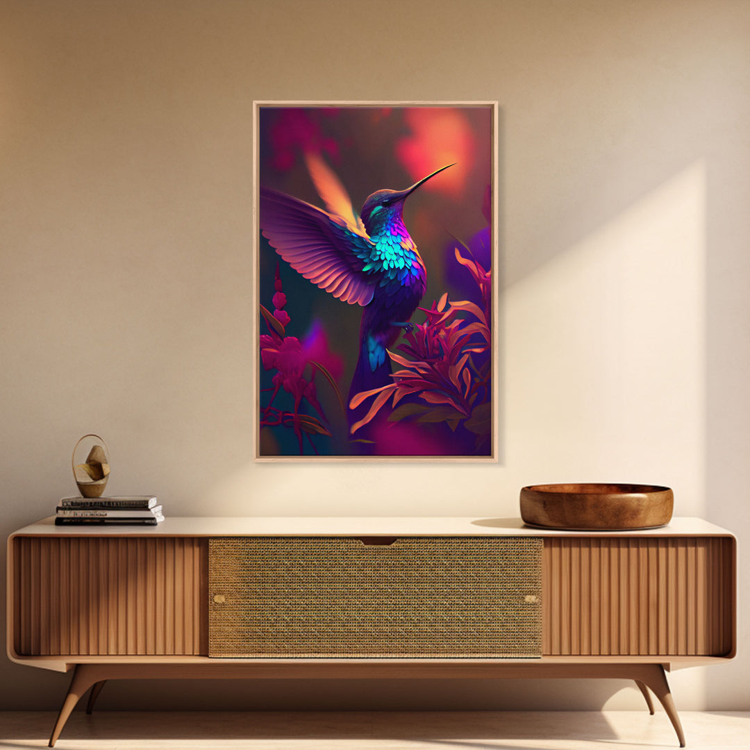 Hummingbird in flight, cute animal print, framed canvas print, colorful retro wave style art