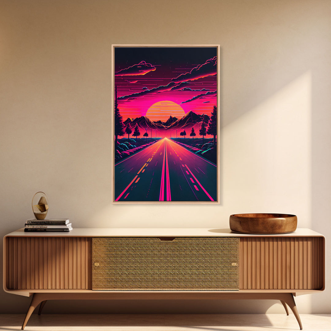 Outrun Sunset over the Arizona mountains, neon aesthetic art,  framed canvas print