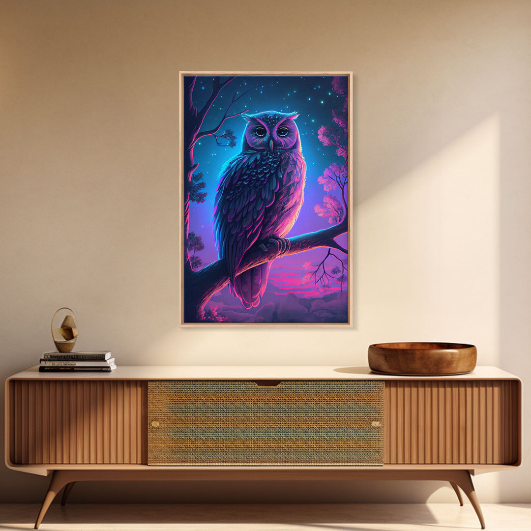 Retro Style Owl Art, Framed Canvas Print, outrun style owl at midnight under a starry sky