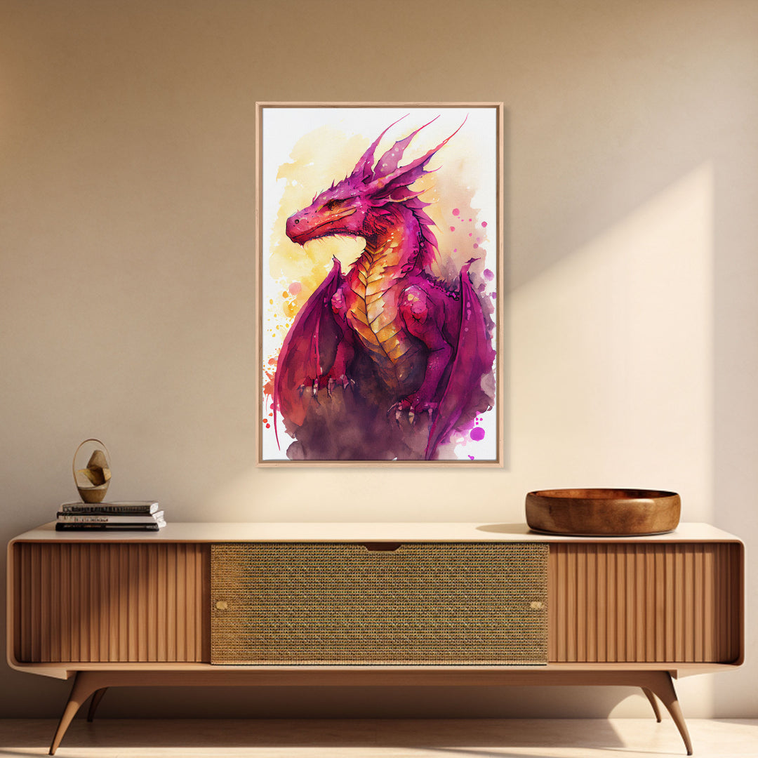 Watercolor painting of a dragon, framed canvas print