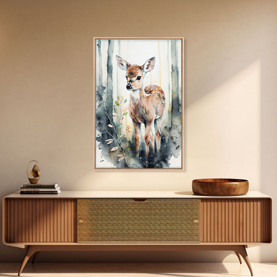 Watercolor portrait of a deer fawn, framed canvas print