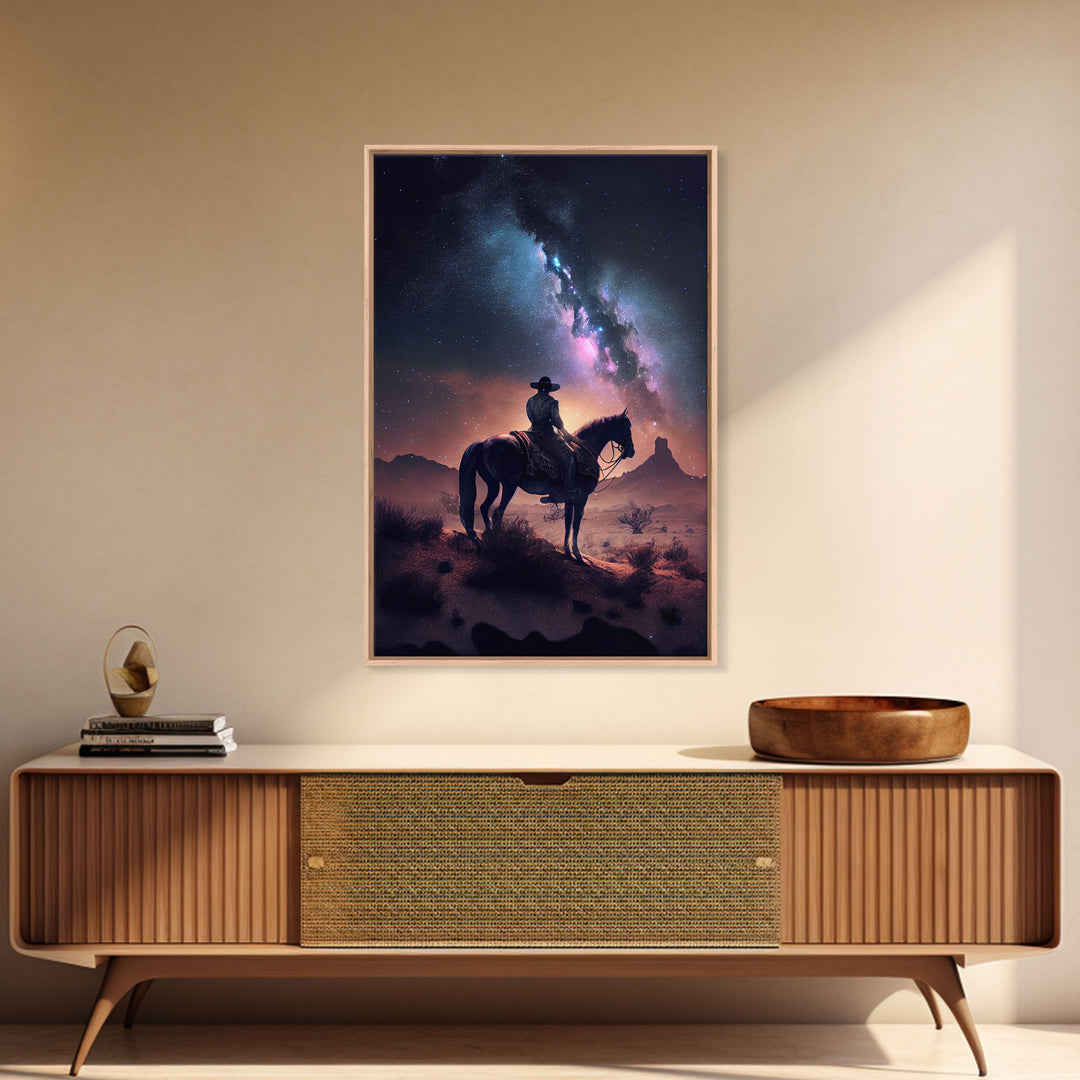 Cowboy contemplating the stars, framed canvas print