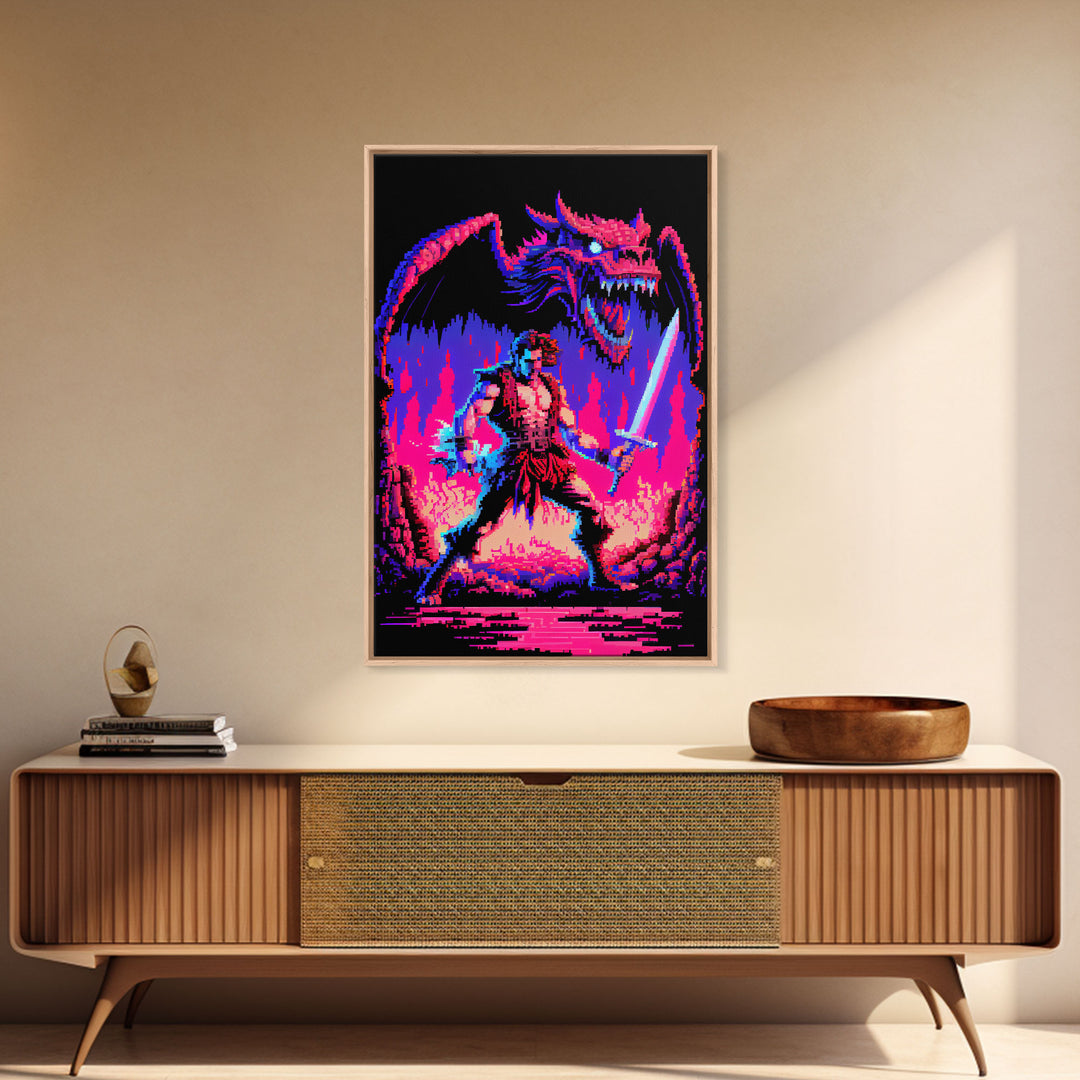 Tabletop RPG art, vaporwave neon aesthetic, Barbarian art, framed canvas print