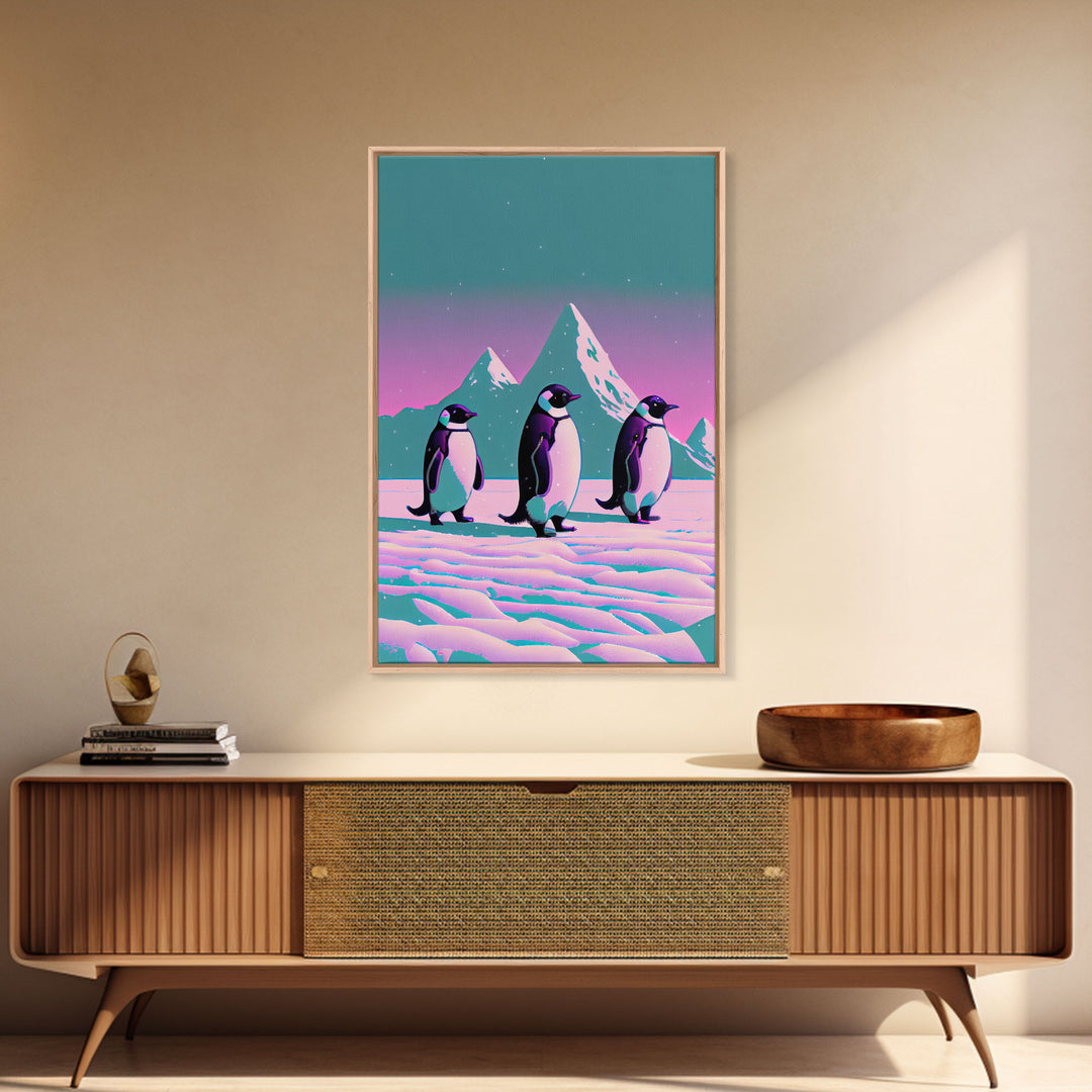 Retrowave Penguins in the Arctic, synthwave style wall art, Antarctica art, framed canvas print, cute animal prints