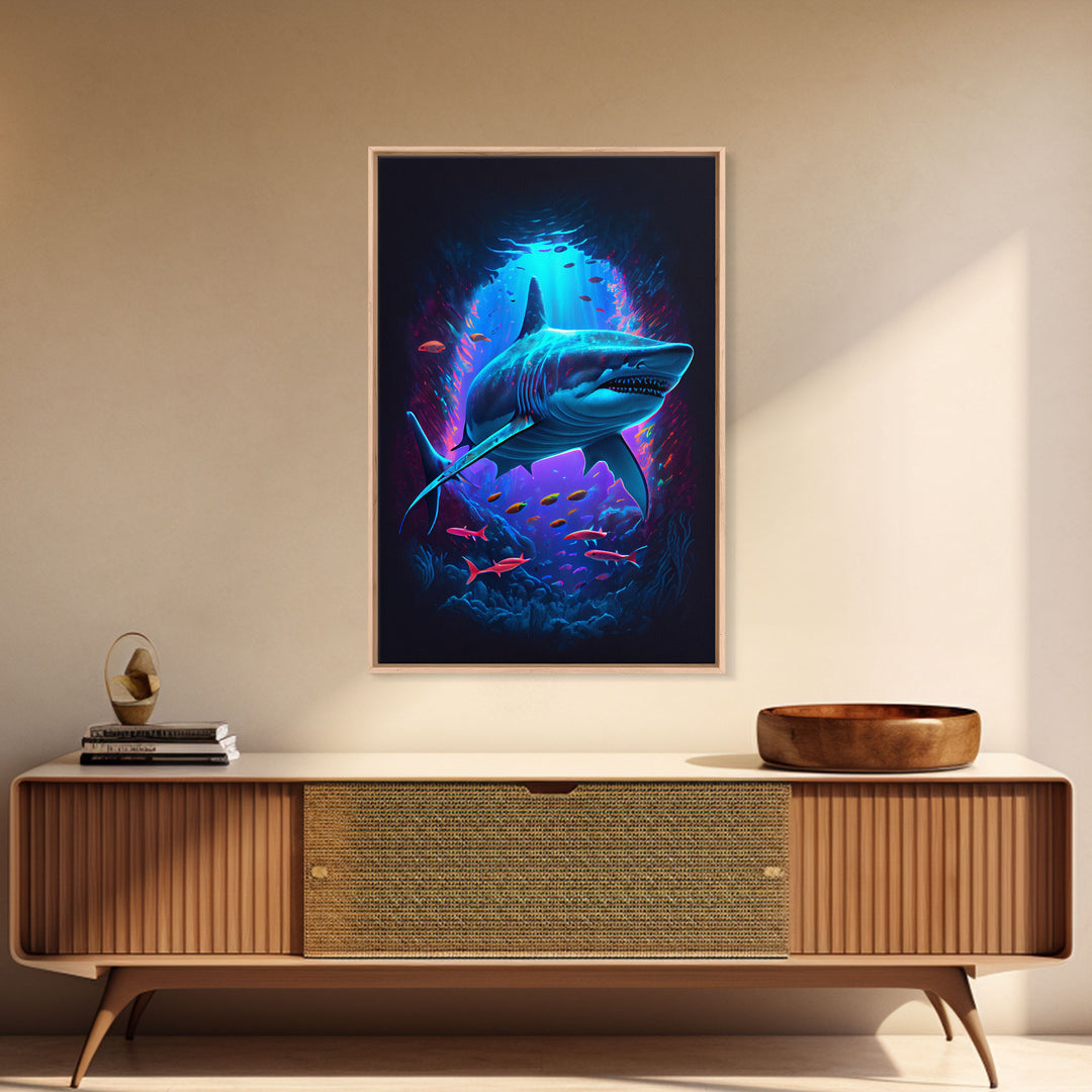 Shark Art, framed canvas print, colorful retro style shark art watercolor painting print