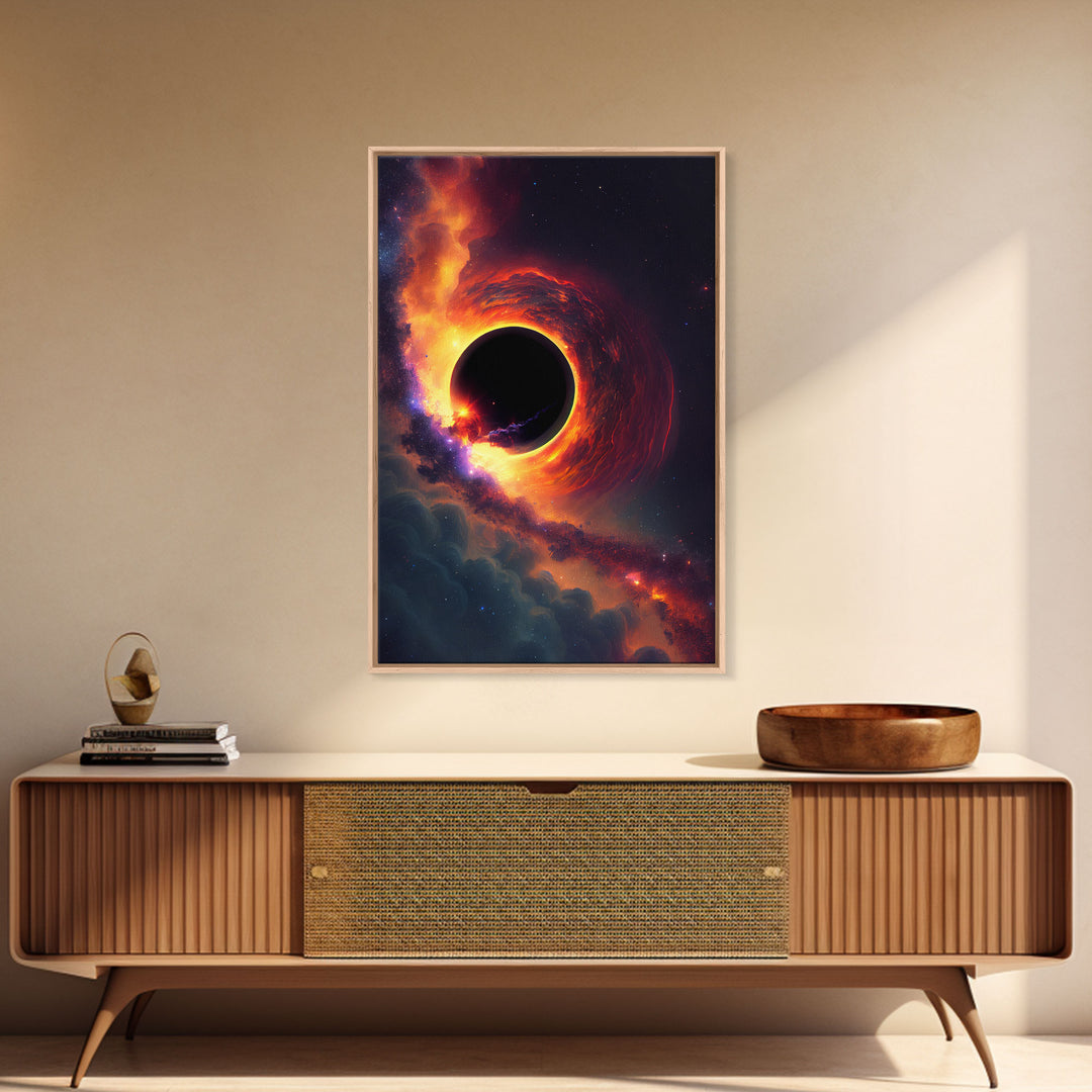 View of a black hole, space scifi art, framed canvas print