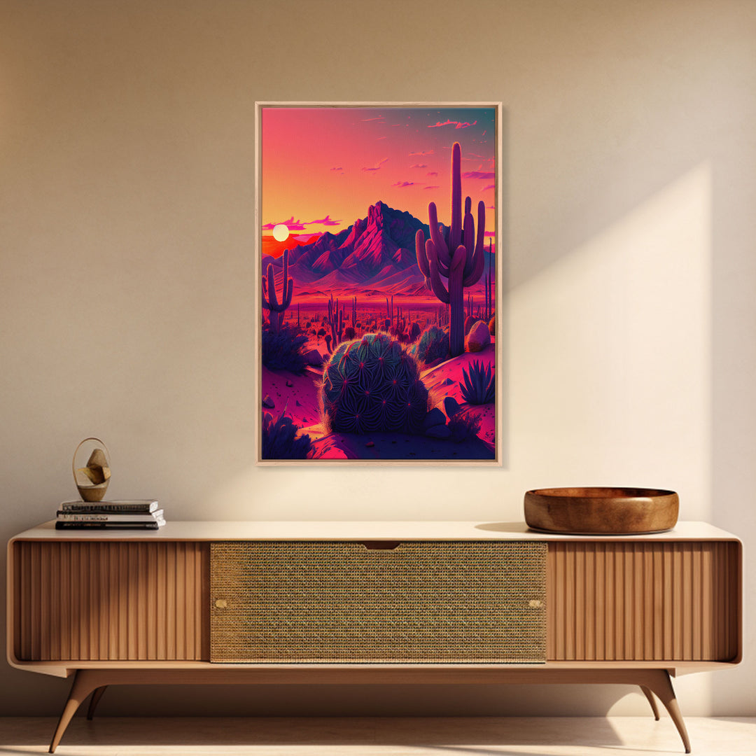 Pastel Arizona Night, Outrun Style sunset over a desert landscape with cactus, framed canvas print