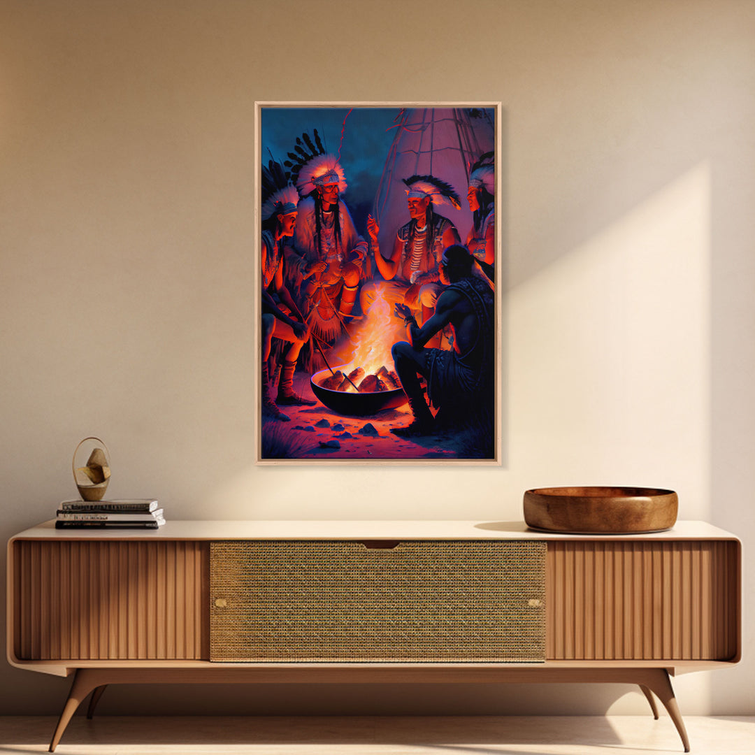 Wild West Decor, framed canvas print, Watercolor of Native Americans enjoying a campfire