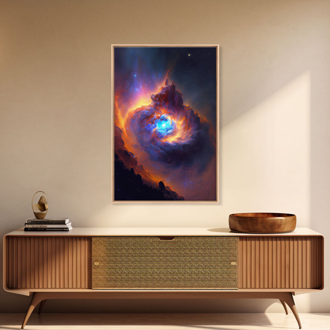 Colorful Nebula in Deep Space, Framed canvas print, retrowave watercolor space art