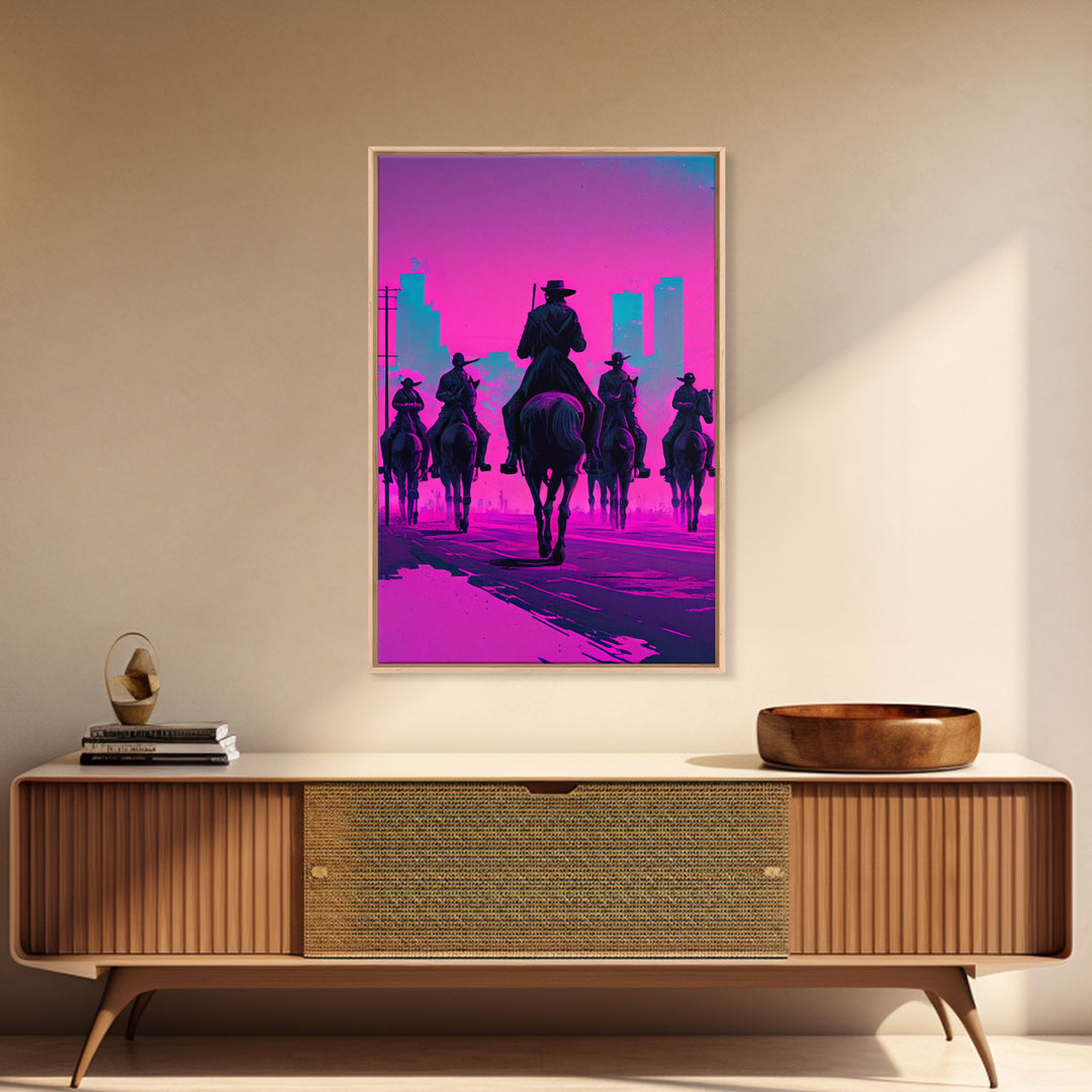 Post-Apocalyptic Cowboys, Vaporwave Aesthetic fantasy art, framed canvas print