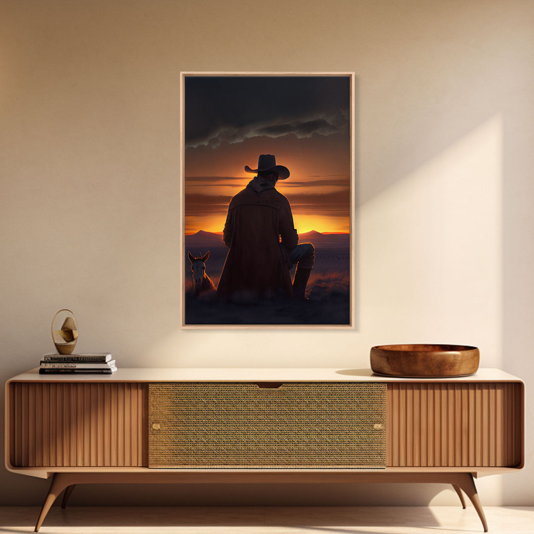 A cowboy and his horse at sunset, framed canvas art, canvas print, western decor, farmhouse art