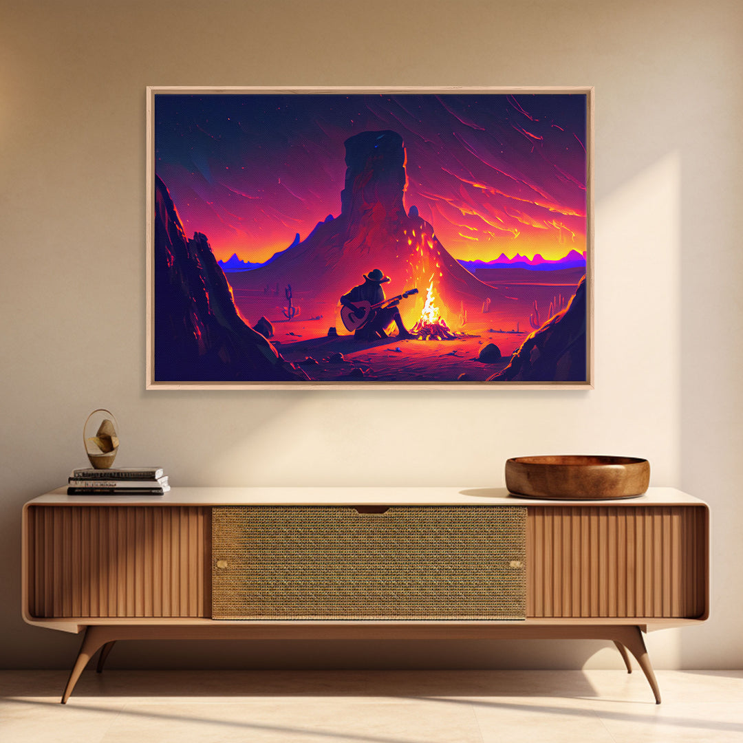 Campfire Songs, Retrowave style art, framed canvas print, synthwave art