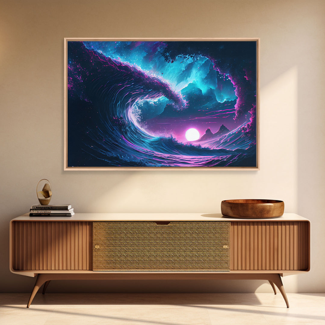 The Wave, Synthwave style ocean art, sunset in a wave, framed canvas print