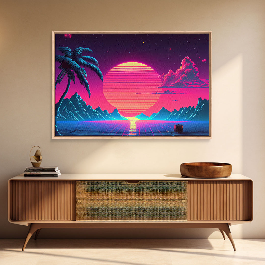 Retro Outrun Style Palm Trees and Sunset, Framed Canvas Print, Wireframe lake and mountain vista