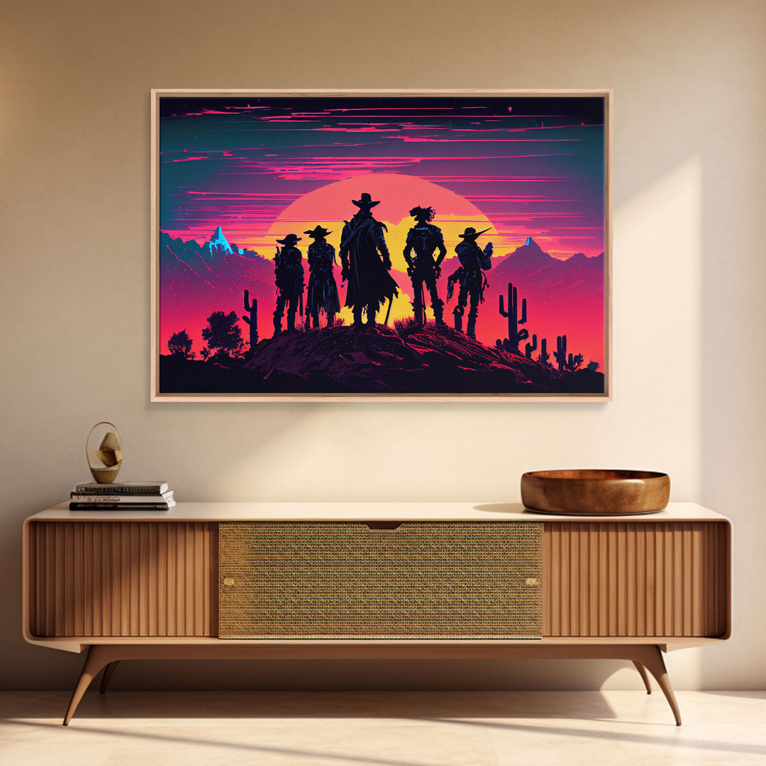 Retro Synthwave Style Wild West Cowboys, framed canvas print, retro outrun style wild west art