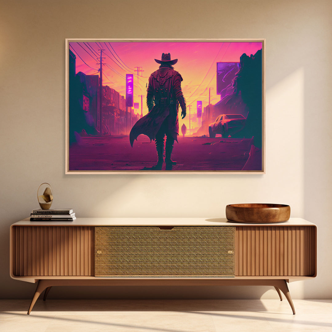 The Gunfighter, Retro Outrun style wild west cowboy art, framed canvas print