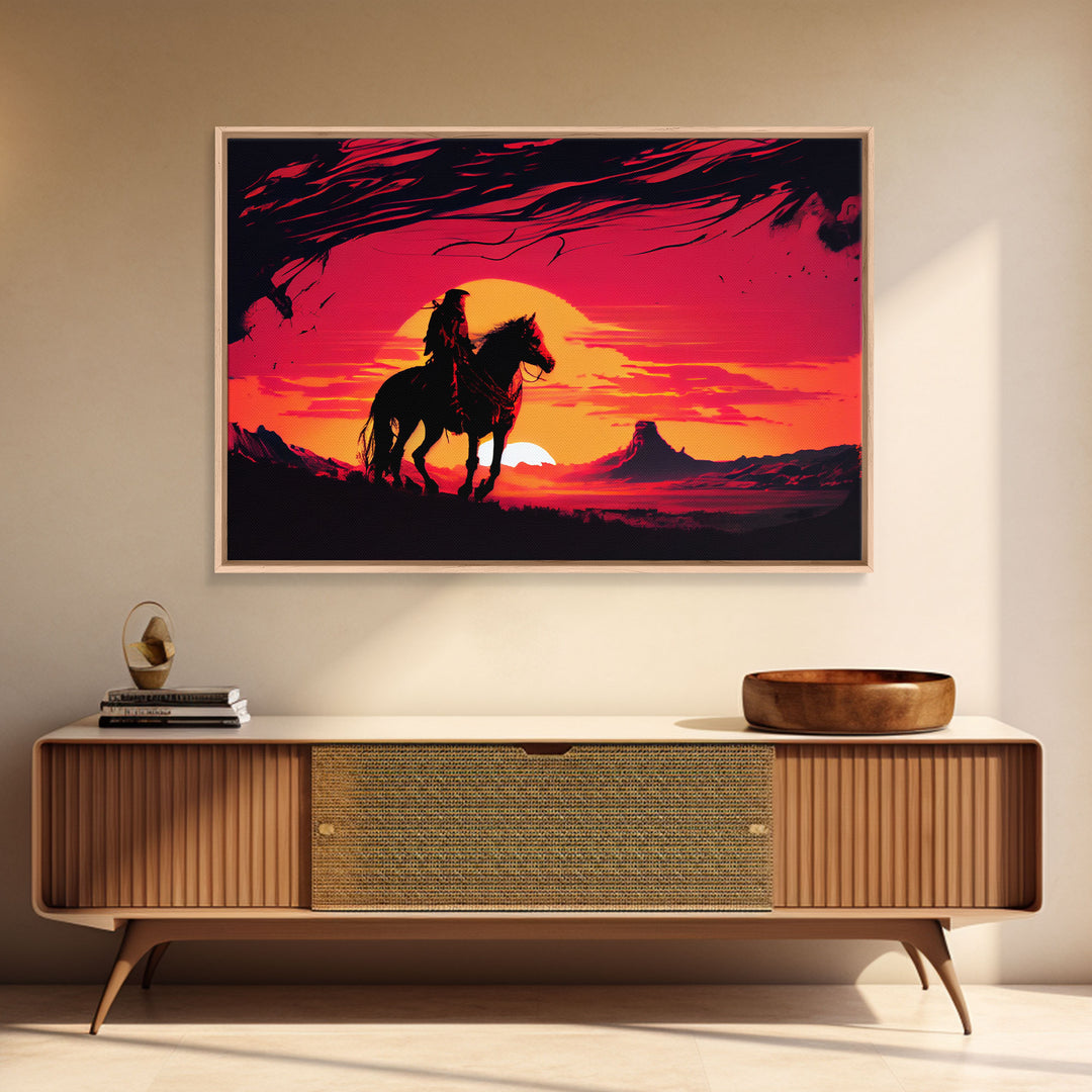 Retro Wildwest Sunset Art, Framed Canvas Print, Native American Warrior on Horseback