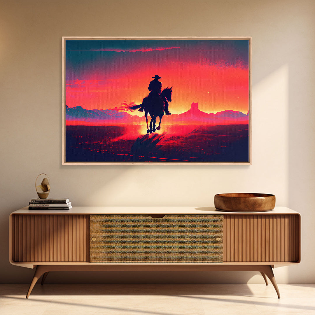 The Sunset Ride, Wild West Cowboy Art, retro style western decor, framed canvas print