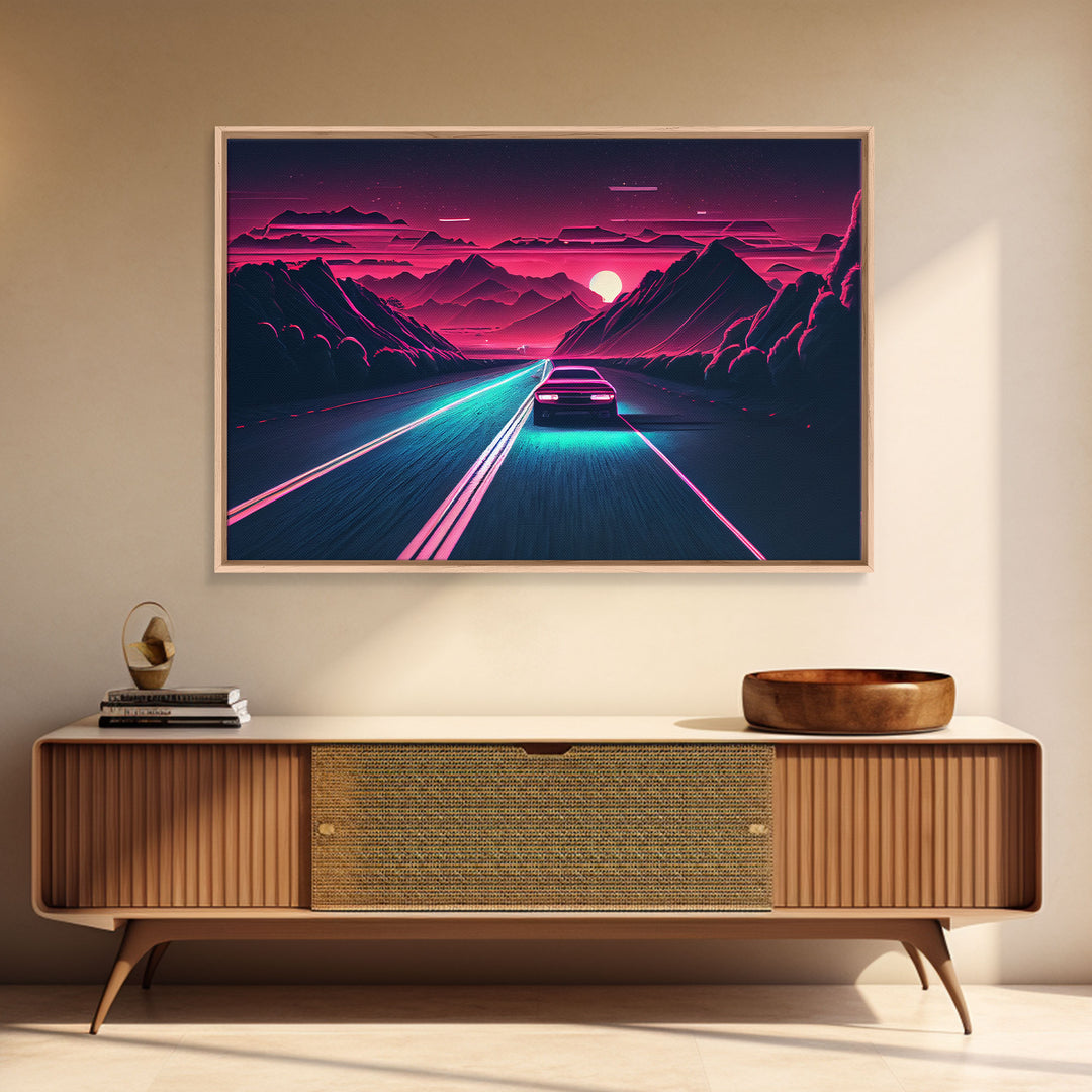 Midnight Drive, Unique Synthwave Style Retro Art, 80s style art, framed canvas print