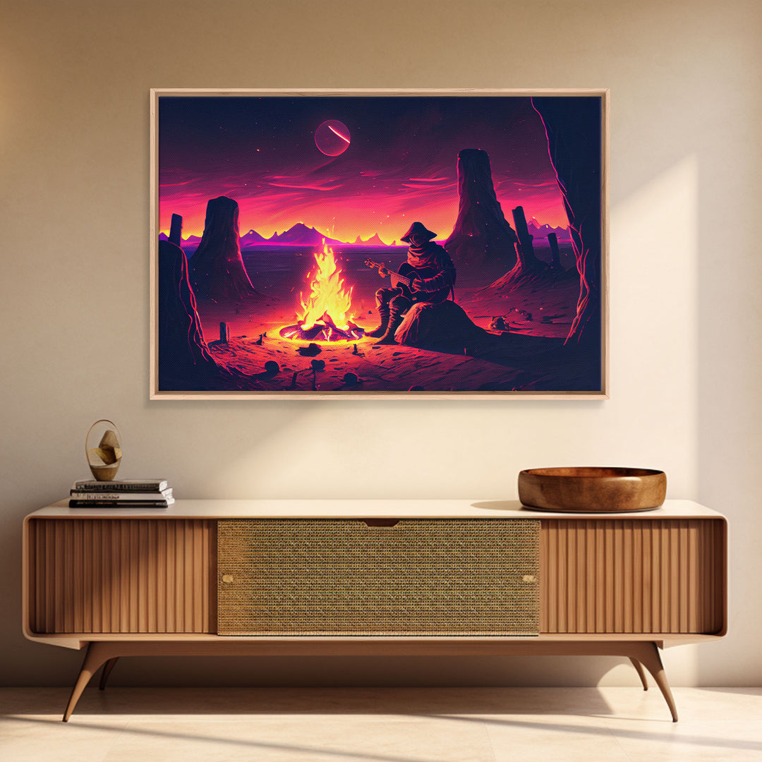 Campfire Songs, Retrowave style art, framed canvas print, synthwave art