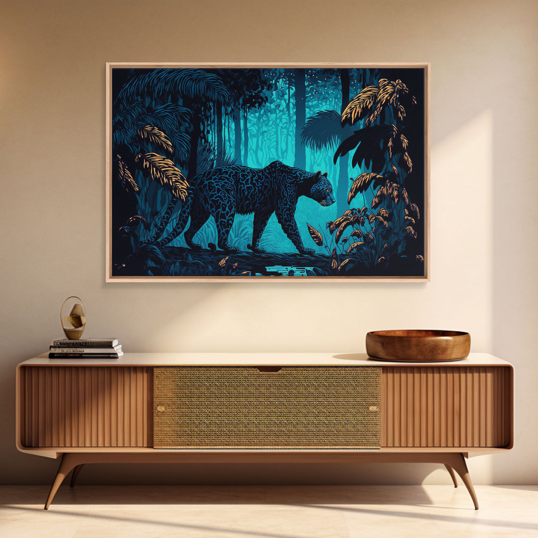 Black and Turquoise Panther, framed canvas print, unique wall art, wildlife canvas art, living room wall art