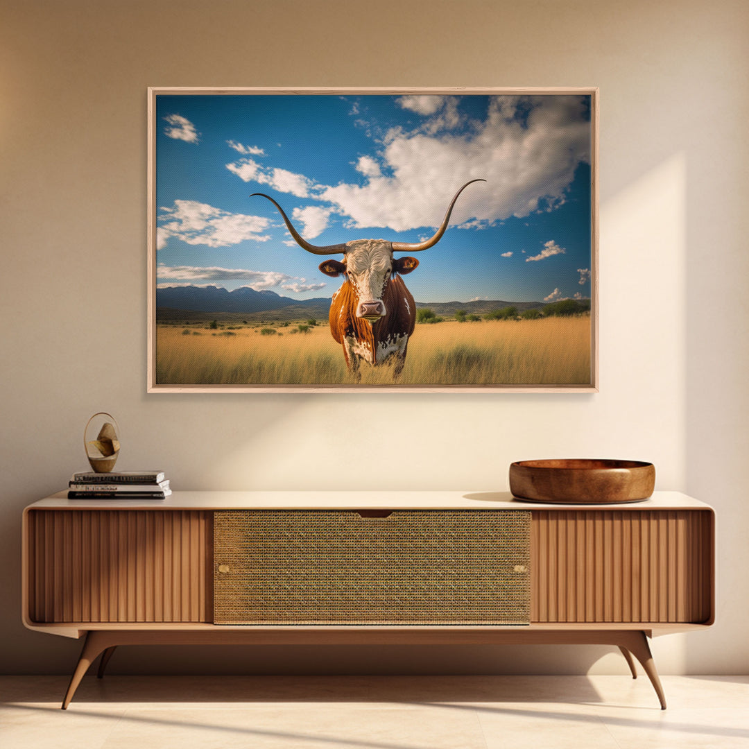 Texas longhorn art Rustic wall art, wall decor Western farmhouse decor, cow framed canvas print, Trendy wall art, Longhorn canvas print