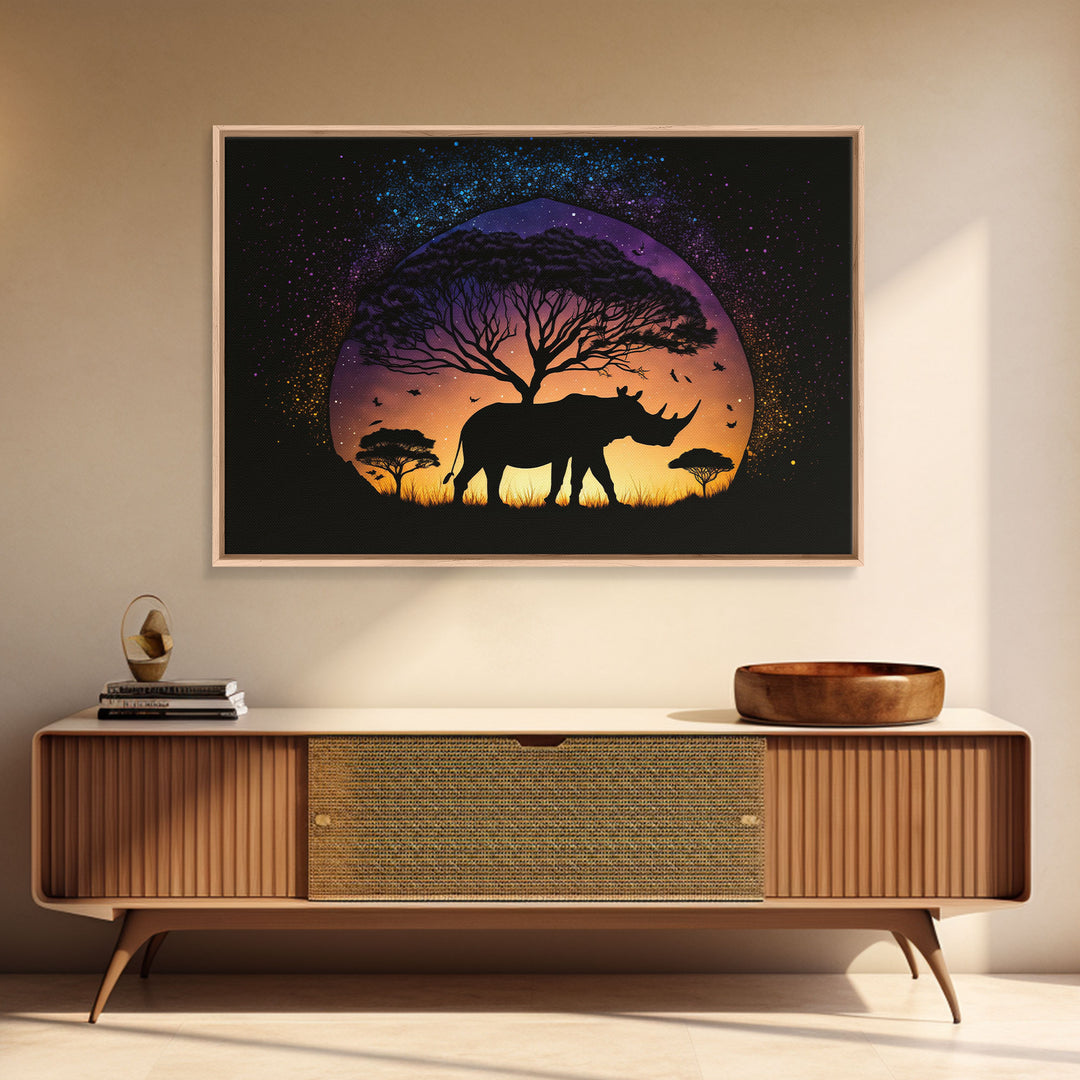 Rhino Silhouette against a starry night sky, wildlife art, animal prints, framed canvas print