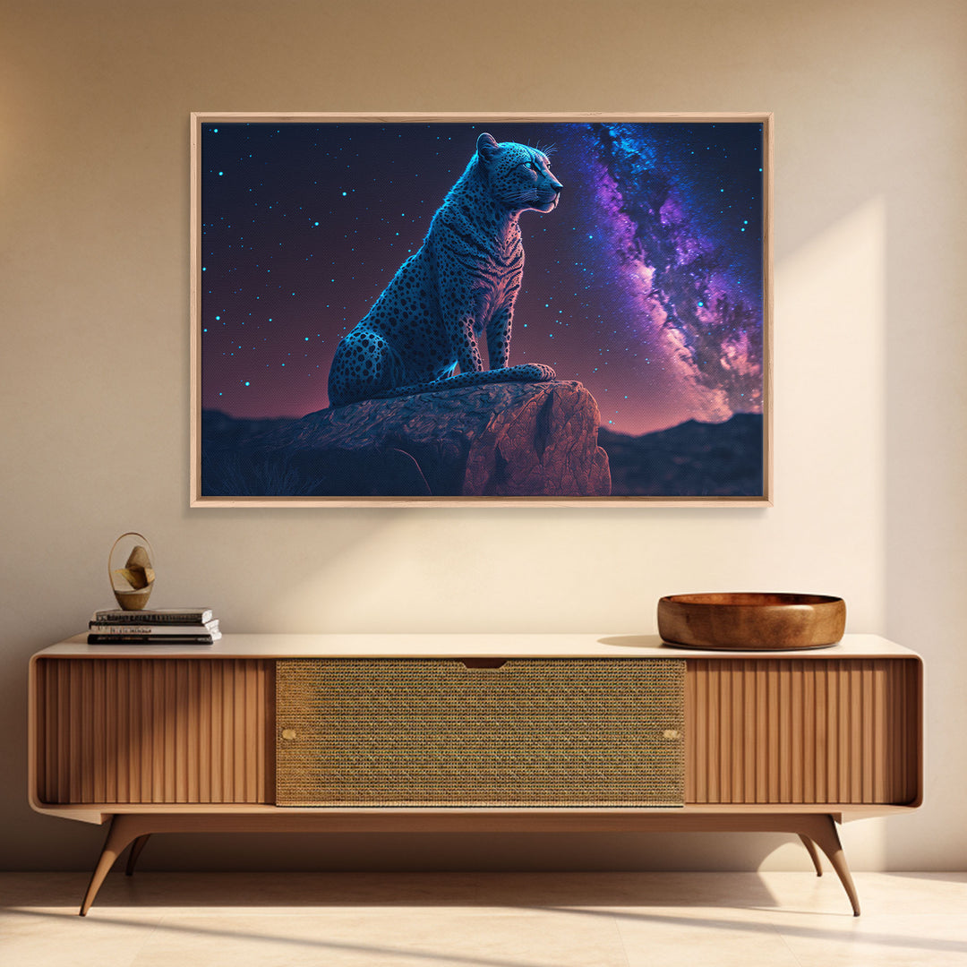 Synthwave Animal Prints, Cheetah and a starry night sky, framed canvas print, cute animal art