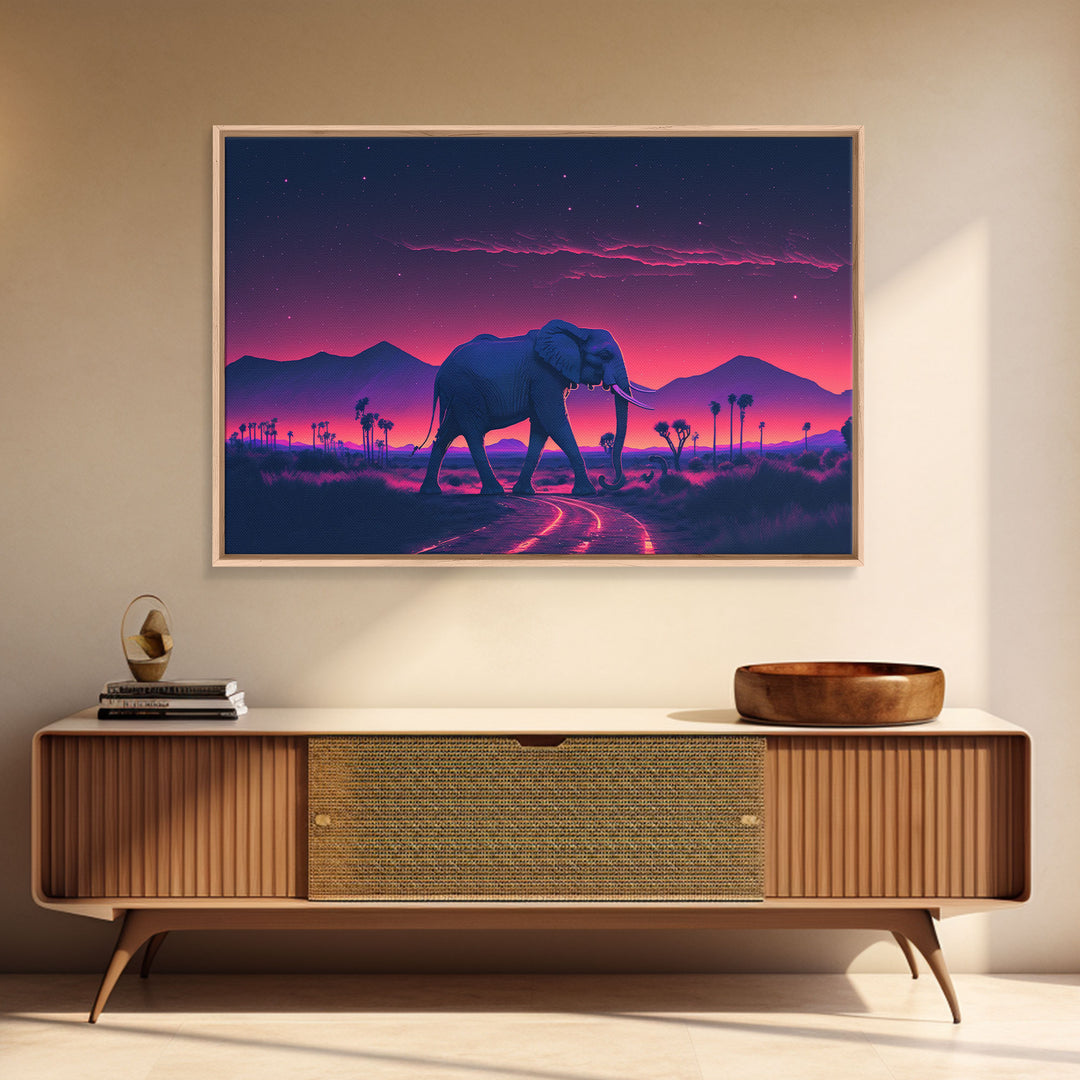 Elephant Art | Framed Canvas Print | Synthwave Style Framed Wall Art | Animal Prints | Elephant Walks Under A Full Moon | Kid's Room Decor