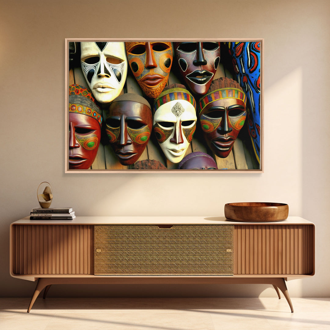 African Traditional Masks Framed Canvas Wall Art | Canvas Print Decor for Home & Office Decoration I Ready To Hang Canvas