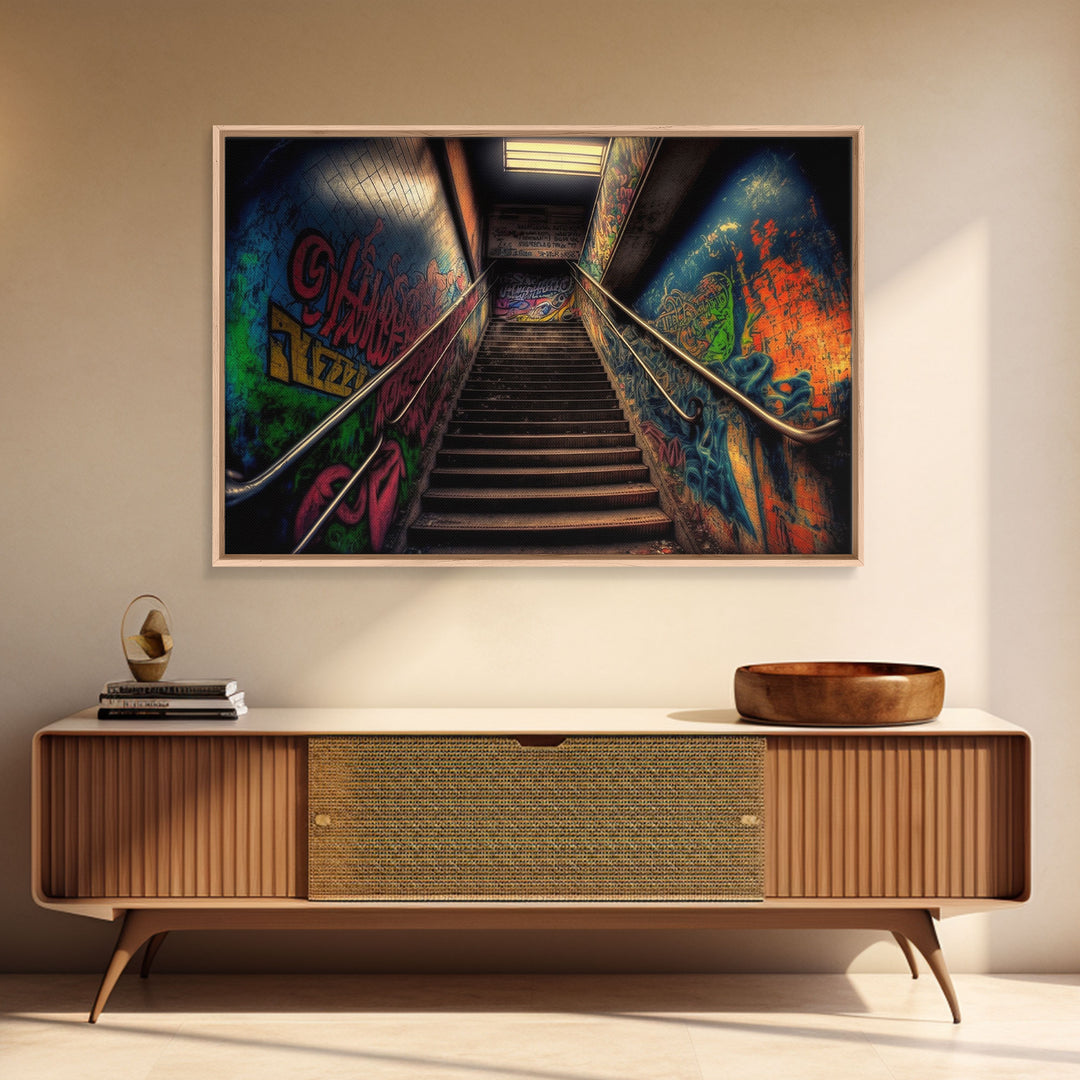 Graffiti Covered Staircase | Subway Stairs | Framed Canvas Print | Punk Art | Dystopian Cyberpunk Art