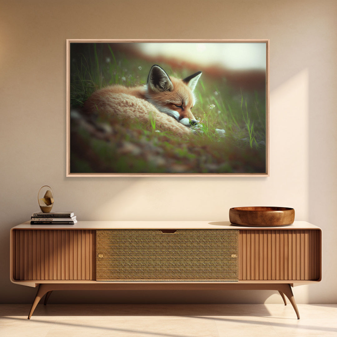 Cute Sleepy Fox Art, Animal Prints, Nature Art, Framed Canvas Print, Cute animal wall art, above sofa art