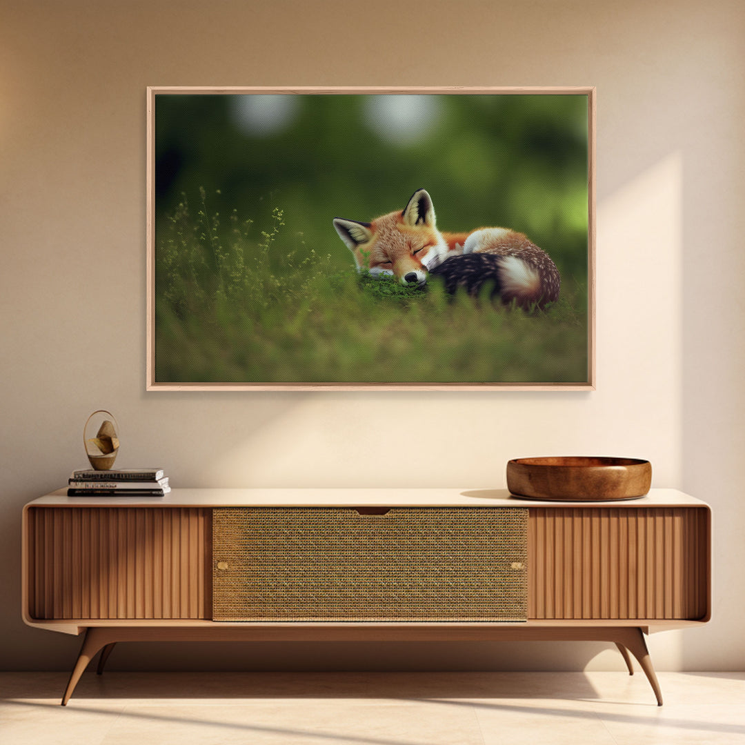 Cute Sleepy Fox Art, Animal Prints, Nature Art, Framed Canvas Print, Cute animal wall art, above sofa art