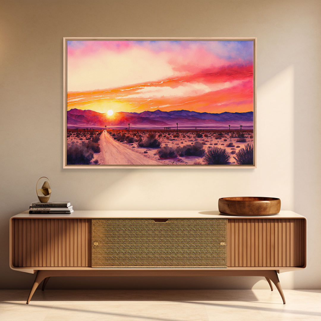 Arizona Desert at Sunset, Dirt Road, Framed Canvas Print, Colorful Wall Art, Sofa Art