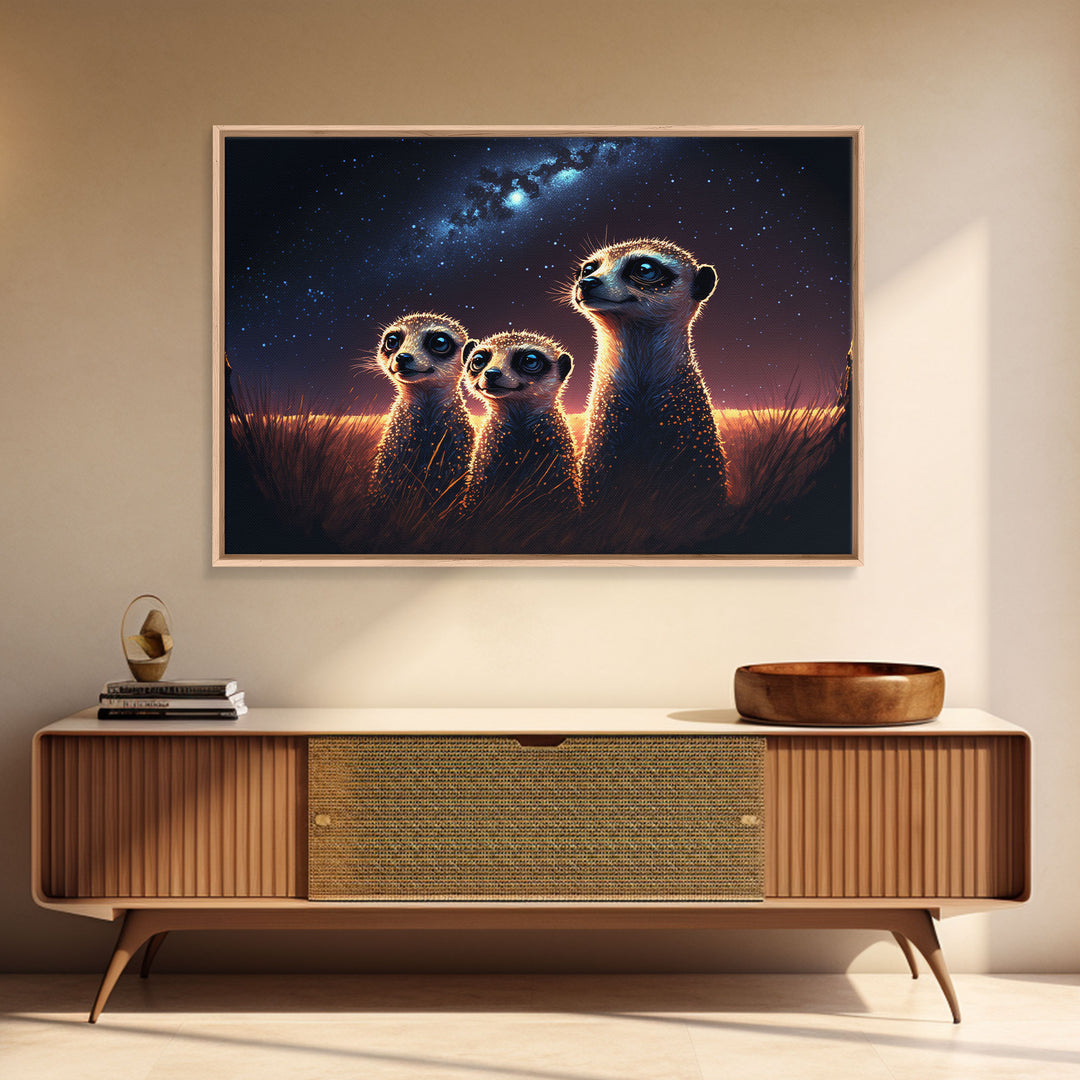 Meerkat Art, framed canvas print, Animal art, starry night over the plains of Africa