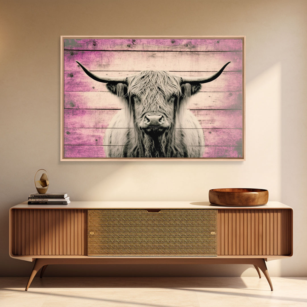 Pink Rustic Cattle Art, Framed Canvas Print, Framed Wall Art, Primitive Rustic Minimalist Farmhouse Decor, Highland Cattle Distressed Art