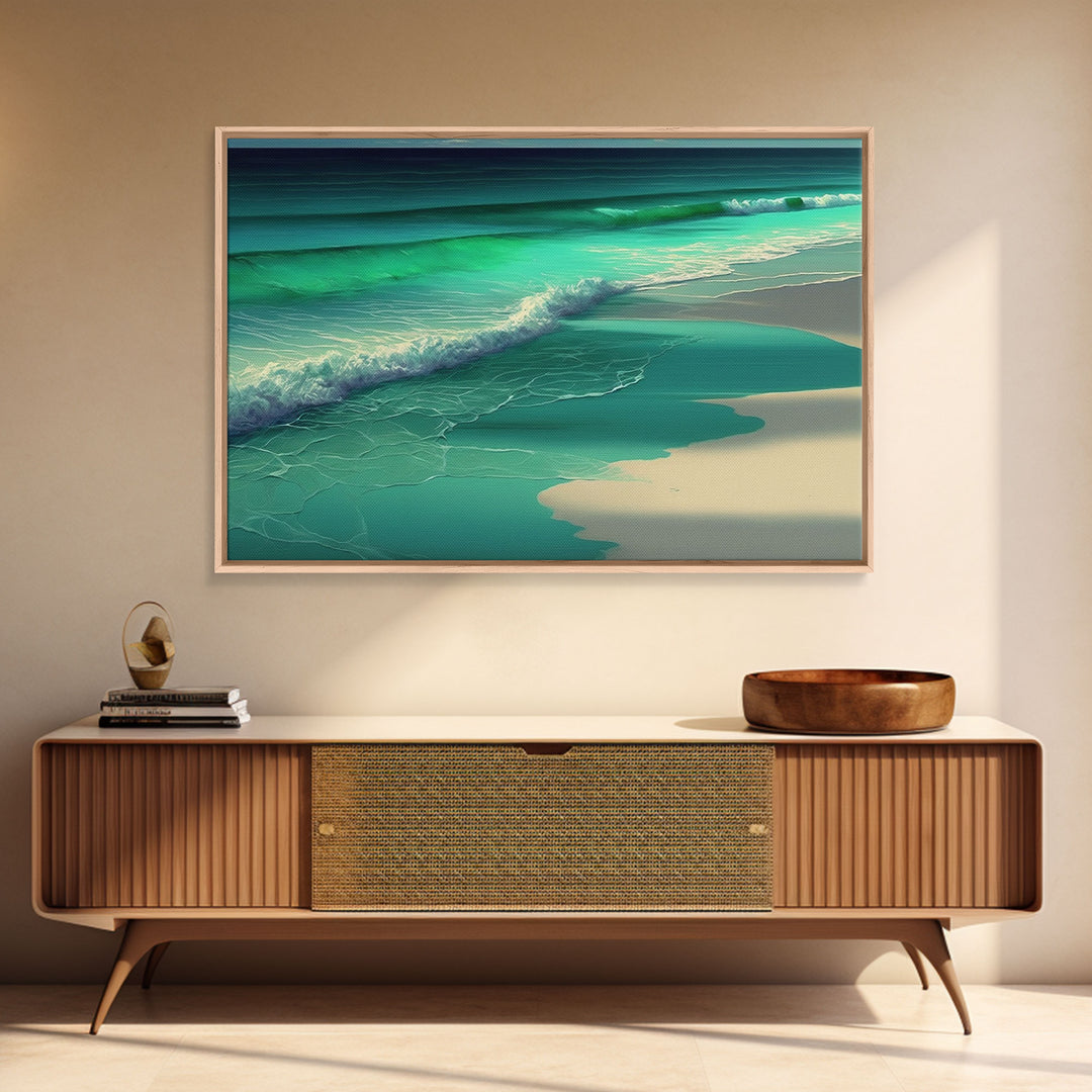 Canvas Print, Painting of Emerald Green Waves, Framed Canvas Art