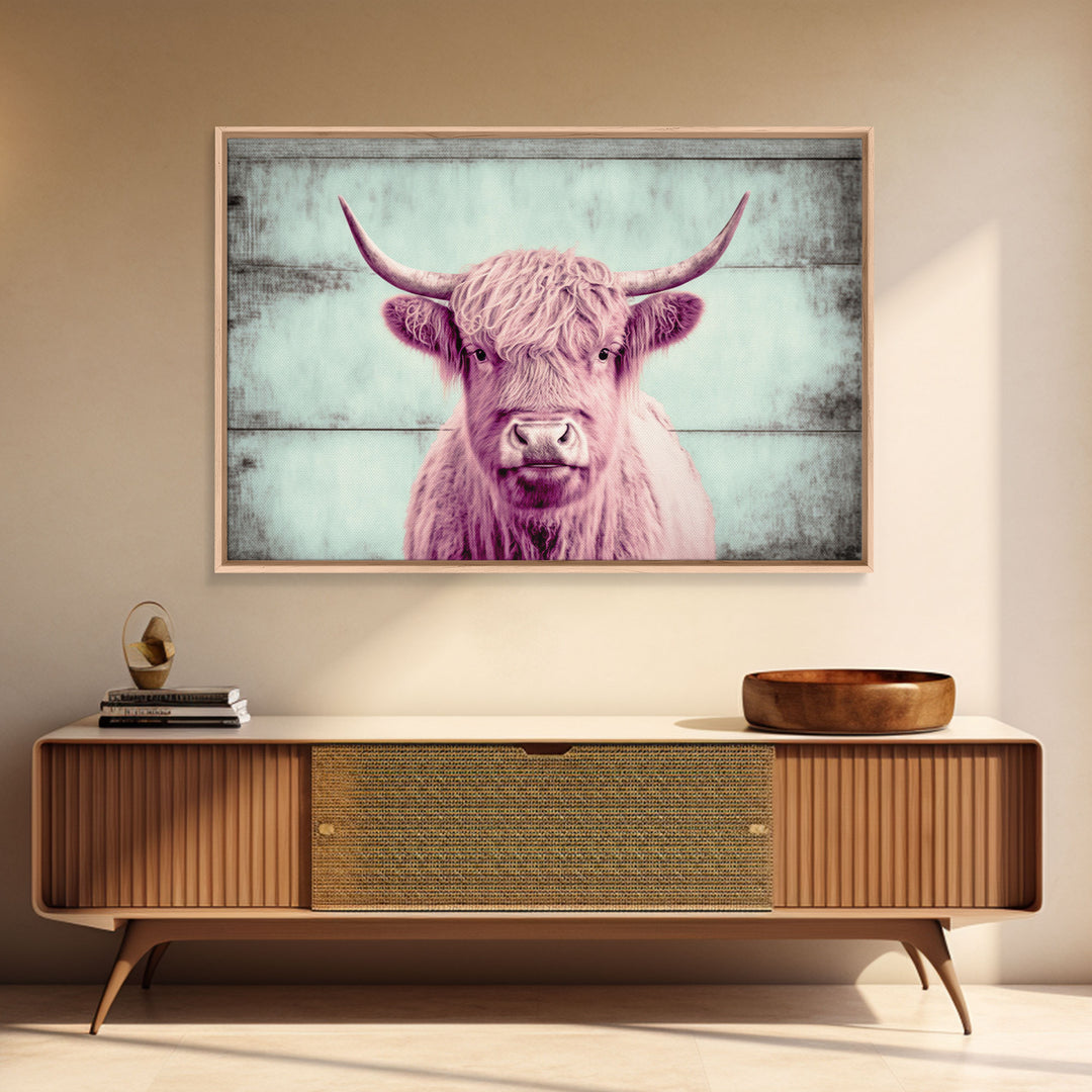 Pink and Turquoise Rustic Cattle Art, Framed Canvas Print, Framed Wall Art, Primitive Rustic Minimalist Farmhouse Decor, Highland Cattle Art