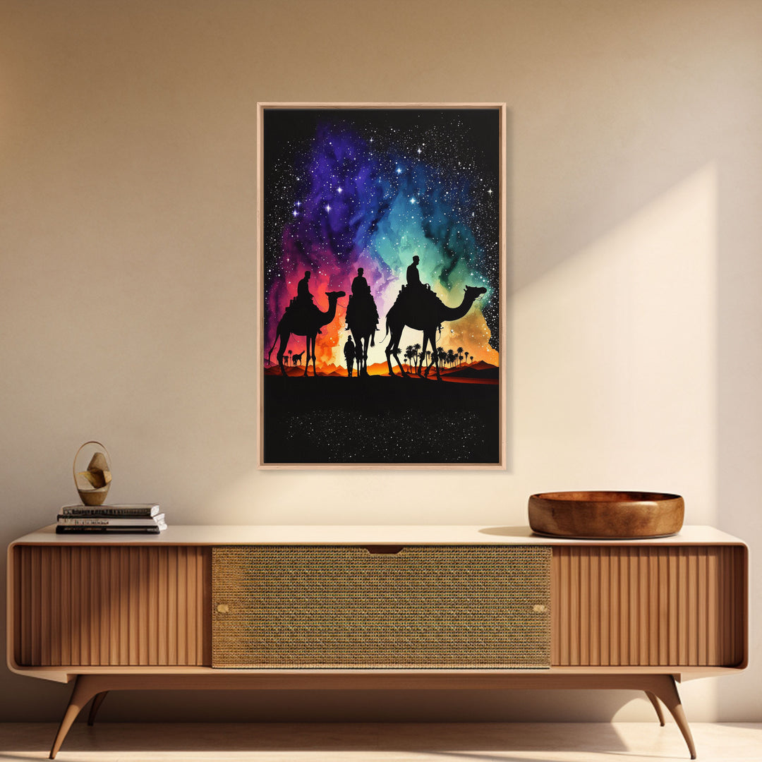 The Three Wise Men, Framed Canvas Print, Colorful Rainbow Art, 3 Wise Men, Camel Art, Starry Night Sky