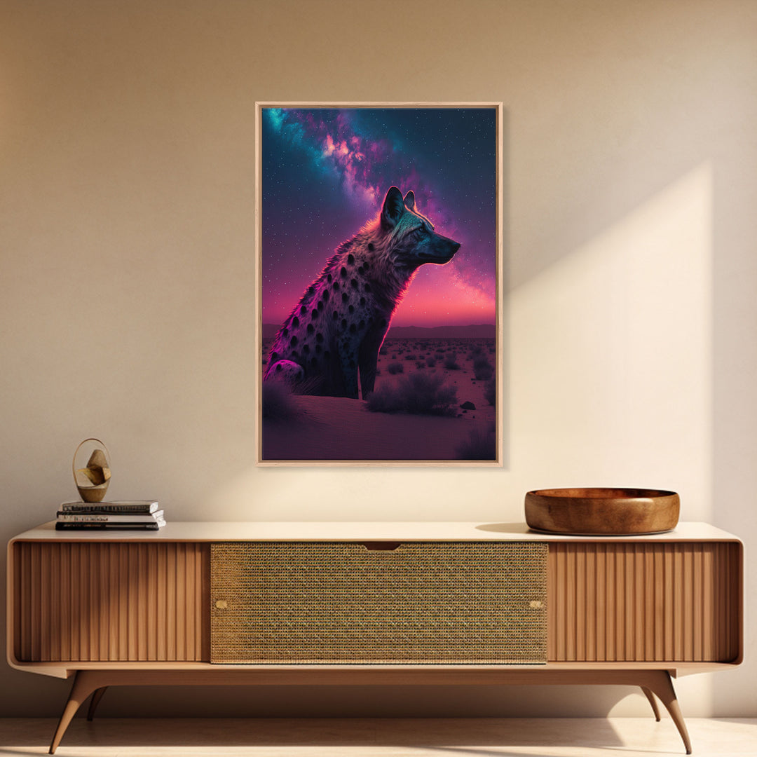 Portrait of a Neon Hyena, Laughing Hyenas, Framed Canvas Print, Unique Wall Art, Kid Room Art, Synthwave Retro Style Decor