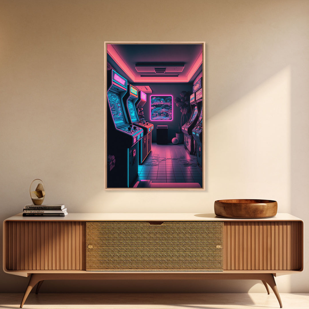 Neon Arcade, Gamer Room Decor, Unique Game Room Art, Framed Canvas Print, Synthwave Style Art, Vaporwave Gamer Art, Retrowave Arcade