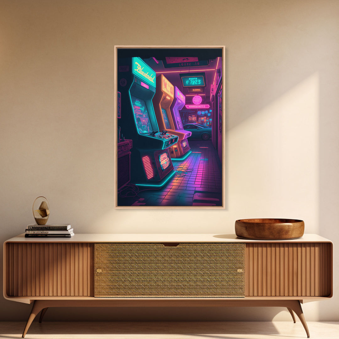 The Neon Arcade, Gamer Room Decor, Unique Game Room Art, Framed Canvas Print, Synthwave Style Art, Vaporwave Gamer Art, Retrowave Arcade