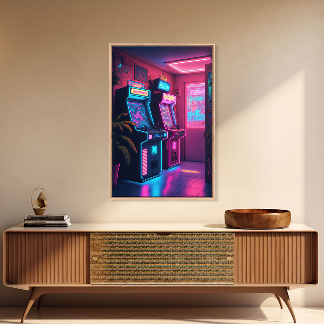 Retrowave Arcade Room, Neon Gamer Art, Framed Canvas Print, Framed Wall Art, Retrowave Arcade Decor, Game Room Art