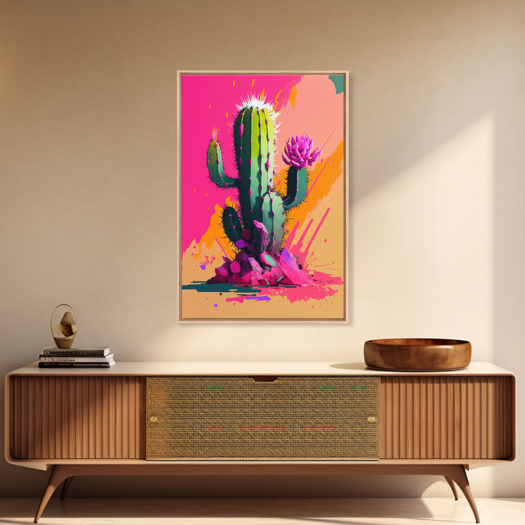 Pop Art Mexico Cactus Art, Synthwave Pink Art, Framed Canvas Print, Southwest Saguaro Cactus Succulent Art, Western Decor