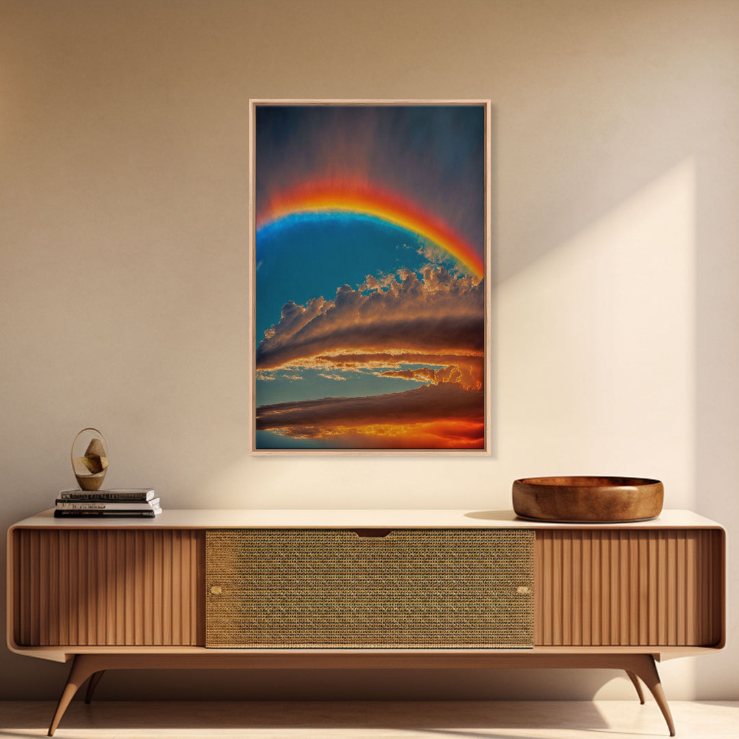 Rainbow Art, Framed Canvas Print, Rainbow Painting, Colorful Cloudy Sky wall decor