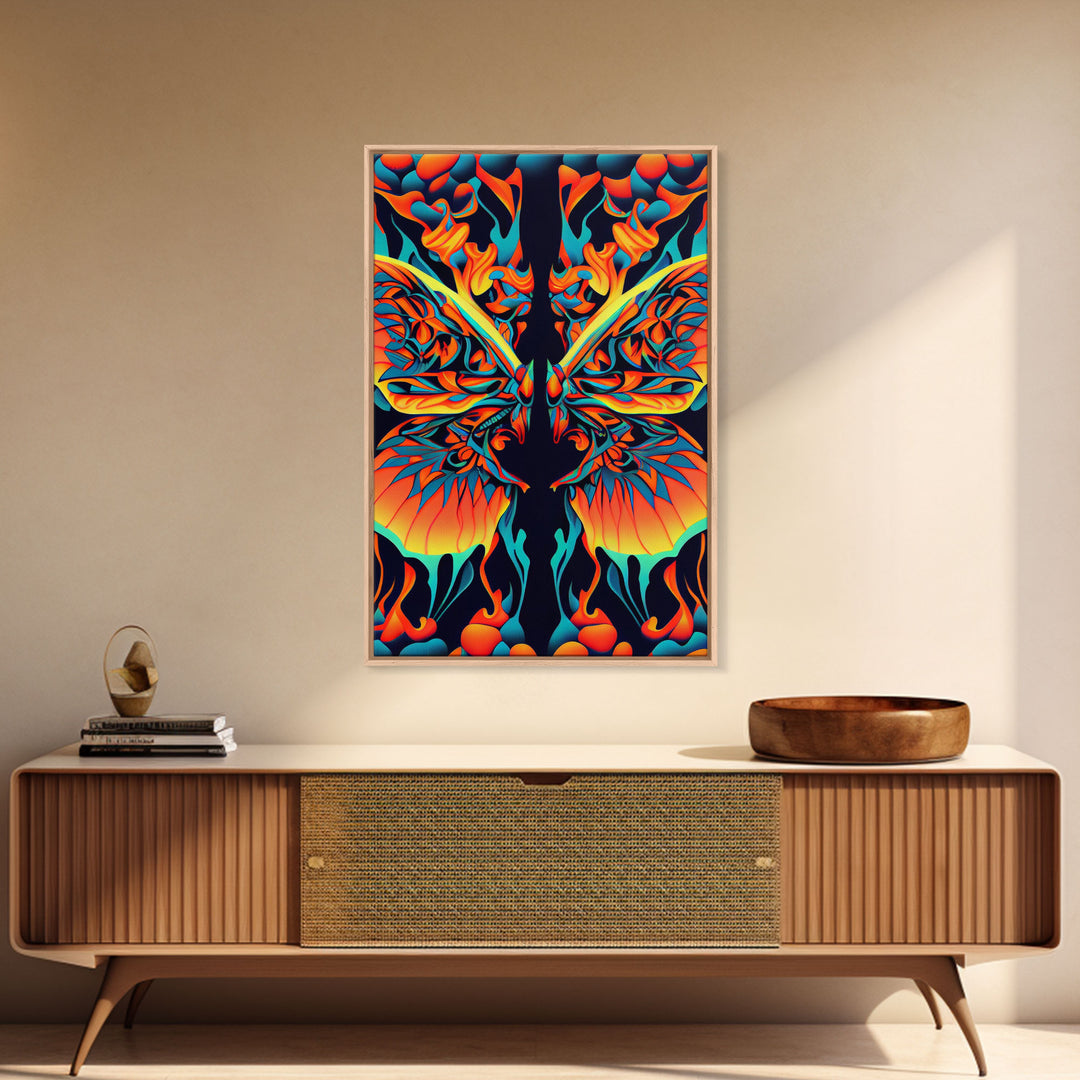 Butterfly Fire Rorschach Art, Dual Meaning, Framed Canvas Print, Optical Illusion Art