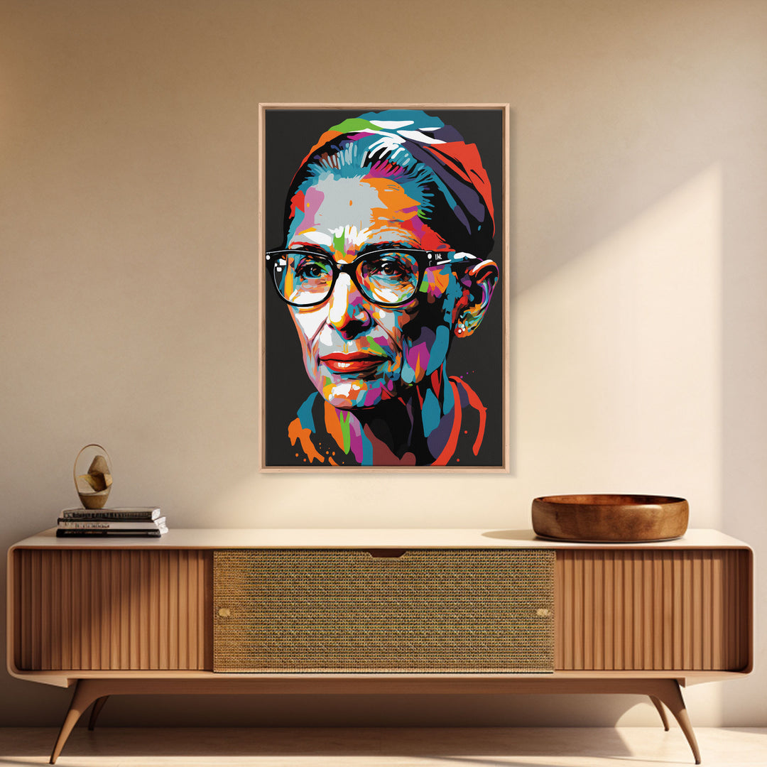 Notorious RBG, Ruth Bader Ginsburg Pop Art Portrait, Framed Canvas Print, Colorful Historic Figure Art