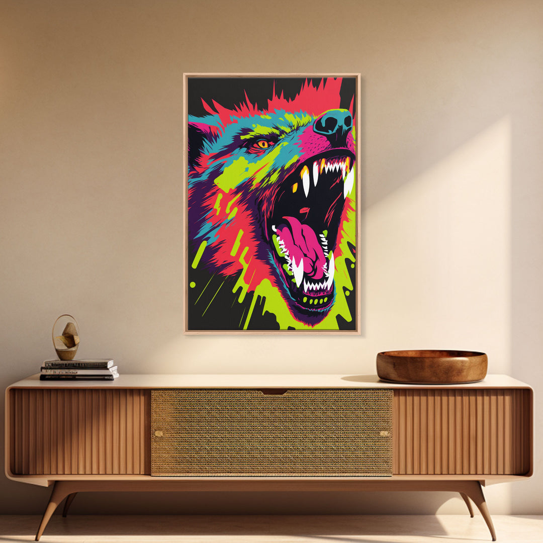 CHOMP! Wolf Bite! Framed Canvas Print, Unique Pop Art Style Animal Print